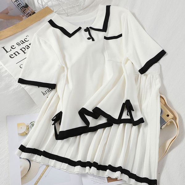 

harajuku outfit summer clothes for women 2020 new fashion color collision knitted two piece set and skirt roupas femininas, White