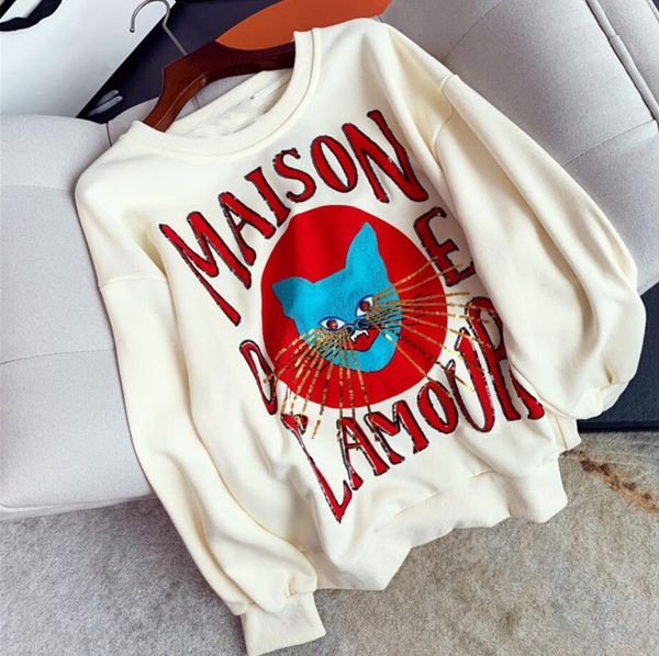 

high-end luxury brand fashion women's 2019 autumn new gold sequined beard cat pattern sweater female personality hoodie, Black