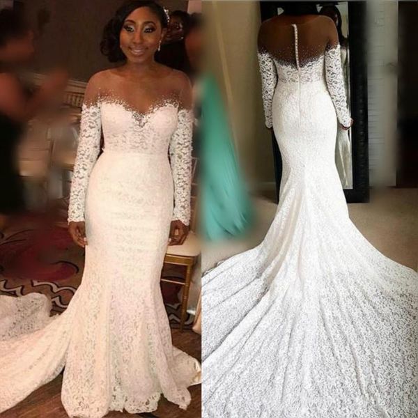 

new design sheer neck wedding dresses long sleeves mermaid bridal gowns sweep train back covered buttons wedding dress, White