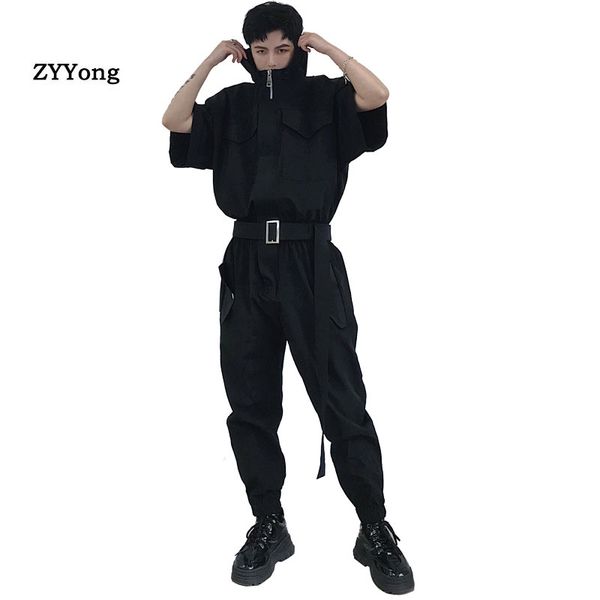 

male casual short sleeve hooded jumpsuit pant tooling cargo trousers men fashion streetwear hip hop harem pant overalls, Black