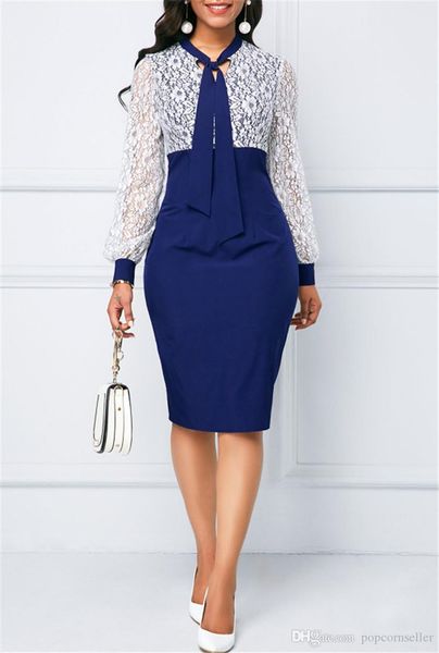 

women fashion dress solid color lace work elegant office dress long sleeves designer ladies new style apparel, White;black