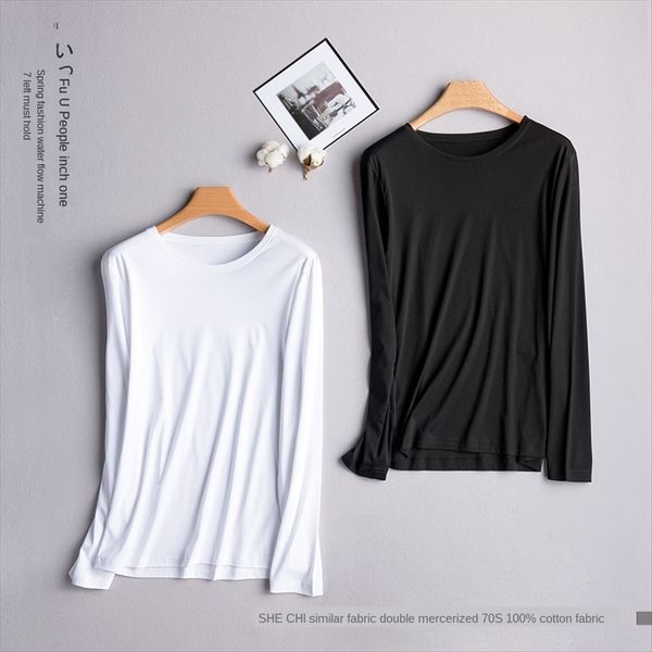 

round collar t- mercerized cotton double mercerized cotton simple long-sleeved t-shirt female slim base shirt autumn with thin style, White