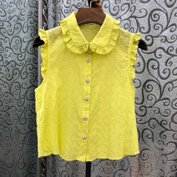 

2019 summer fashion yellow white black shirts cotton blouse women peter pan collar beading button crop