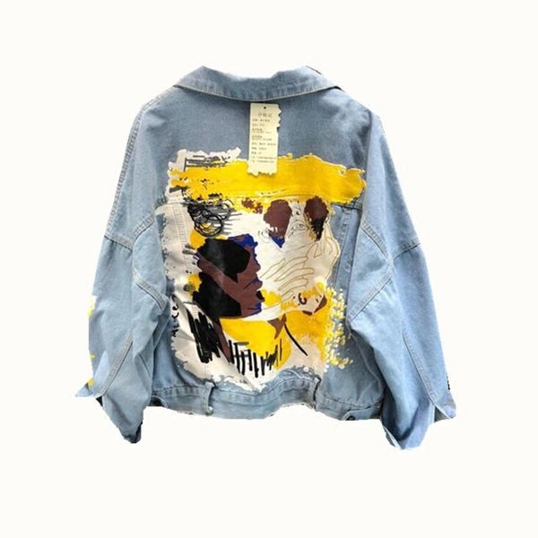 

denim jacket female hand-painted pattern chic print chic coat cool girl harajuku new fashion casual streetwear pockets outwear, Black;brown