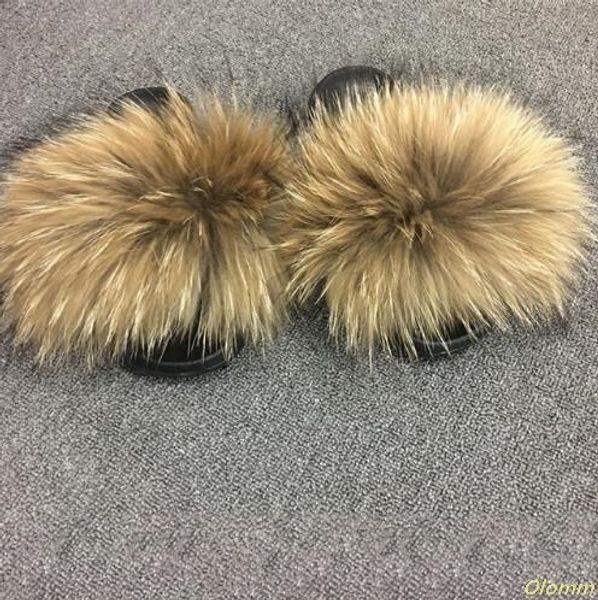 

real fur slides 2020 summer cute fluffy wholesale bulk raccoon slippers natural fashion beach flats jamaica dropshipping, Black