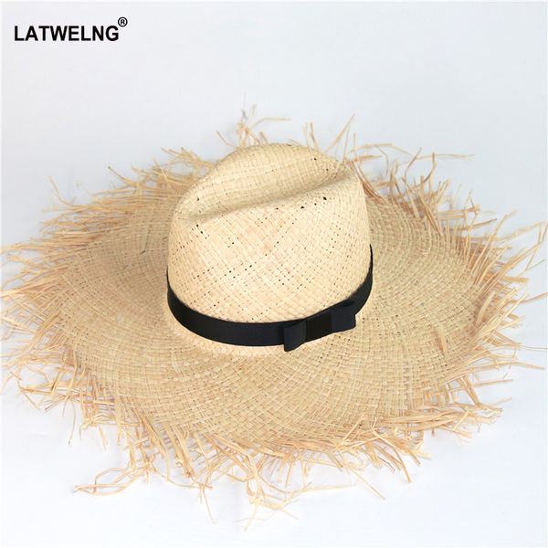 

wholesale big brim natural raffia beach hat for women soft straw sun hat ladies holiday caps with black belt jazz hats, Blue;gray
