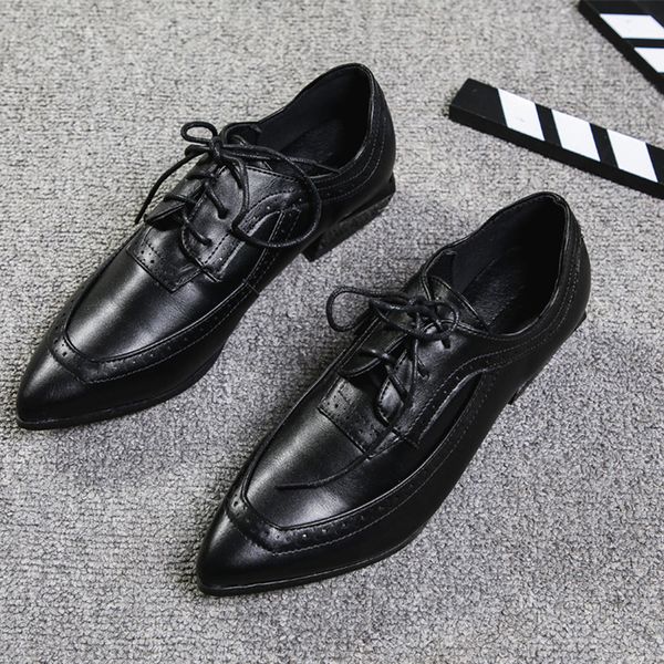 

british pointy carved patterns leather shoes ladies designer lace up oxfords women bullocks creepers 2019 spring single heels, Black