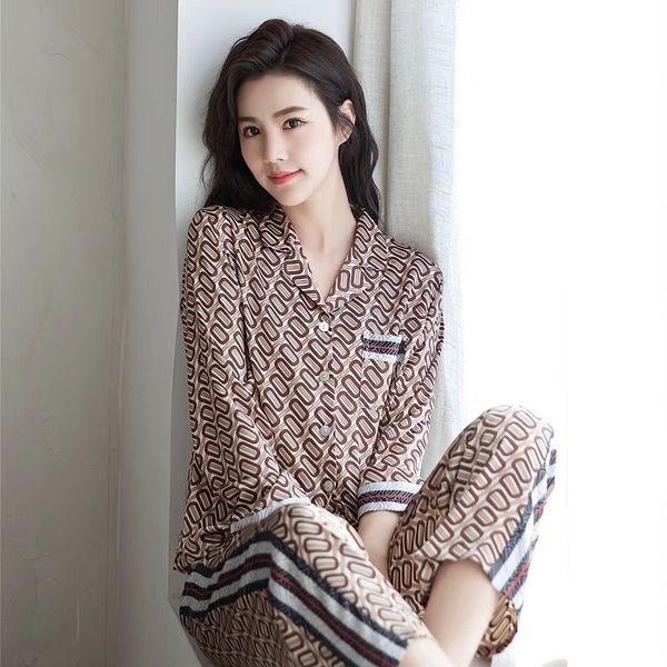 

women spring long sleeve printing ice silk pajamas thin casual sleepwear womens luxury clothes home pijama 2-piece set, Black;red