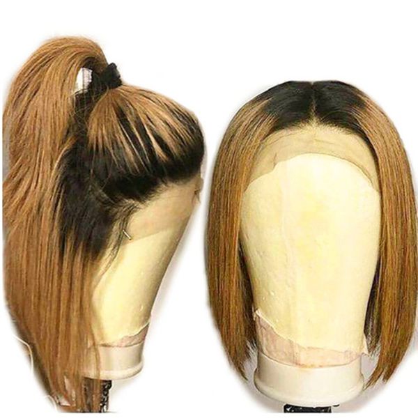 

new two tones ombre brown short bob hair heat resistant fiber dark roots synthetic lace front wigs for black women middle part