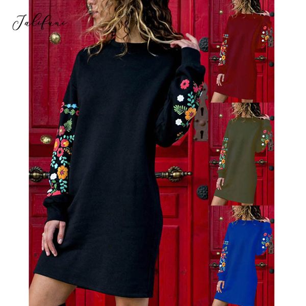 

vintage floral print short dress women pullover 2020 casual loose o-neck dress autumn long sleeve mini straight vestidos, Black;gray
