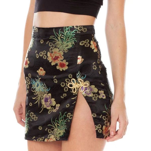 

chinese flower embroidery style women's shorts color candy split side elegant competition mini skirt club summer, Black;gray