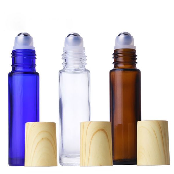 

wooden grain cover 10ml empty roll on glass bottles [stainless steel roller] refillable roller on vials on amber clear blue colors