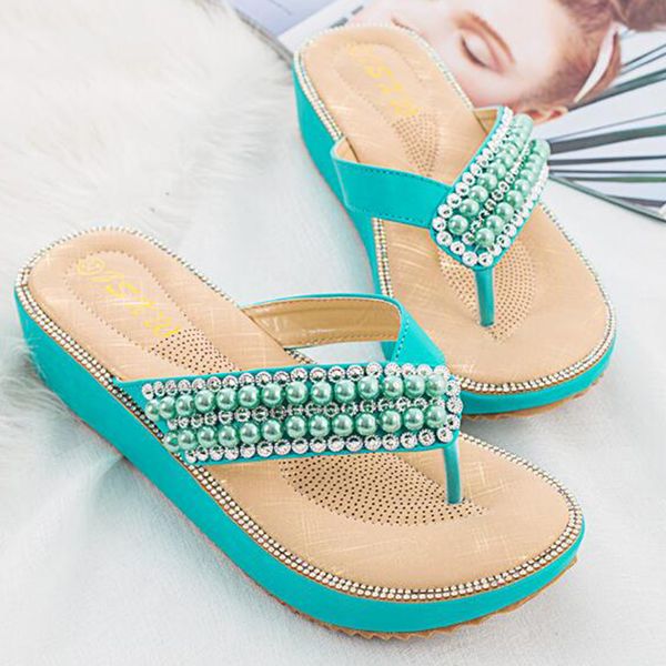 

new women sandals summer fashion shoes girls wild rhinestone pearl women flip flops non-slip flat sandals shoes xx2, Black