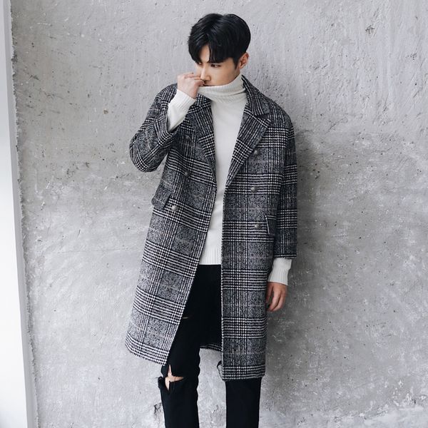 

new winter double-breasted plaid wool coat men loose blends windbreaker fashion vintage tartan long men's outerwear ds50825, Black