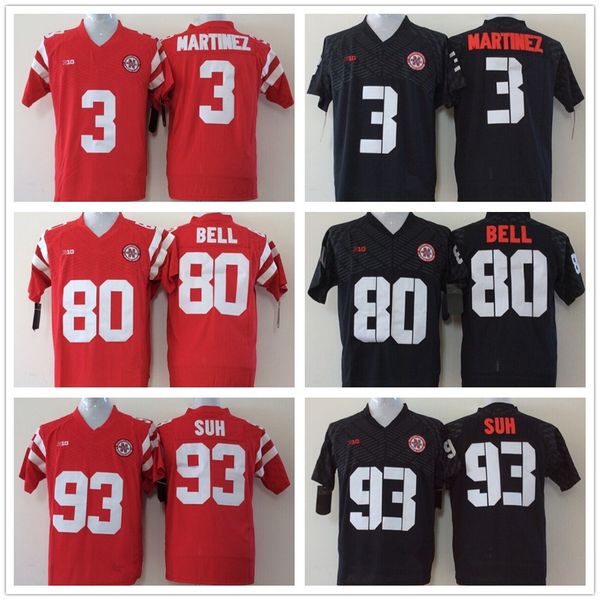

NCAA Nebraska Huskers Football College Jersey 3 Taylor Martinez 80 Kenny Bell 93 Ndamukong Suh Red Black Men size S-3XL