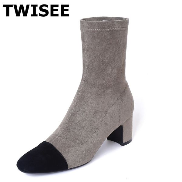 

women mid calf boots new style zapatos mujer pumps fashion square heels 5.5 cm woman casual shoes comfort round toe, Black