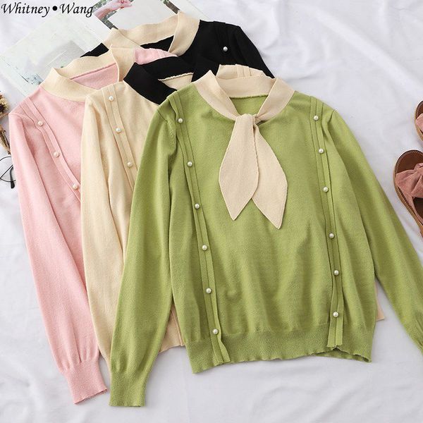 

whitney wang 2019 autumn fashion streetwear pearls beading bow sweater women jumper pull femme womens sweaters, White;black