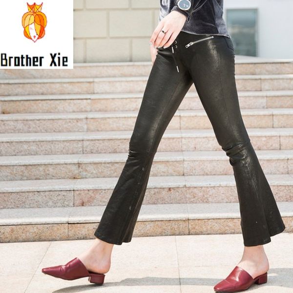 

brand fashion women lace up skinny wide leg pants 100% sheepskin genuine leather stretch flared trousers lady gothic pants, Black;white