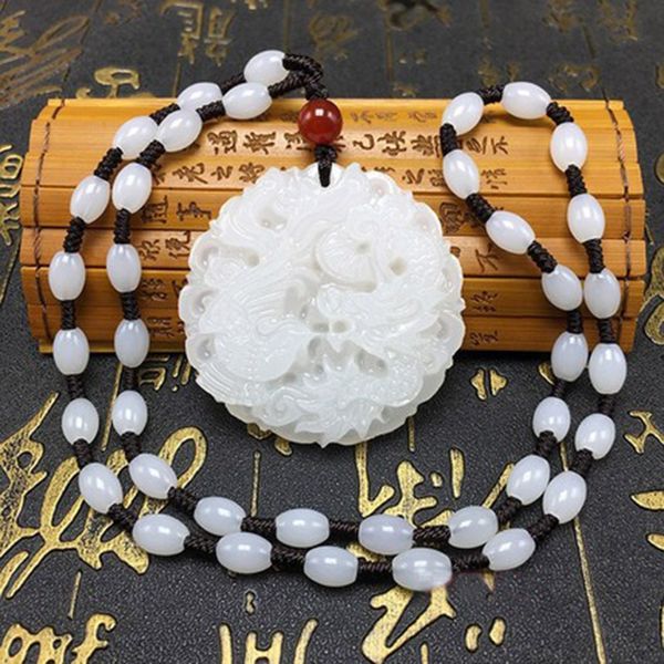 

drop ship white jade pendant dragon and phoenix jade necklace pendant lucky jewelry, Silver