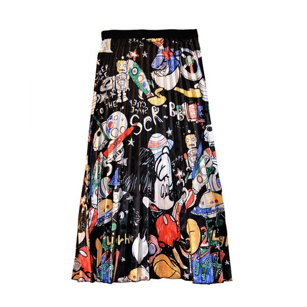 

women's pleated skirt illustration mouse skirts cartoon japan harajuku summer print high waist a-line midi skirts female sp9528, Black