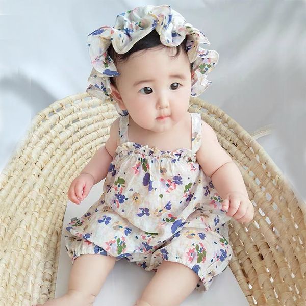 

facejoyous 0-24m newborn baby girl bodysuit floral strap jumpsuit sleeveless sunsuit with hat summer clothes outfits, Blue