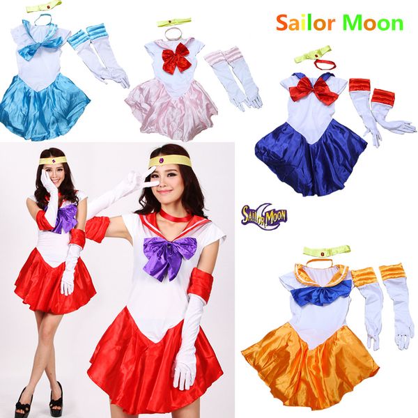 

anime sailor moon cosplay costume uniform fancy party dress gloves headwear tsukino usagi mercury mars jupiter chibiusa, Black;red