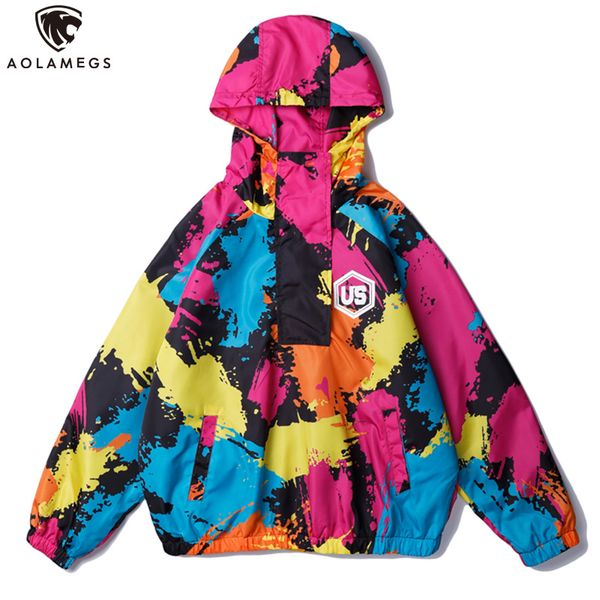 

aolamegs jackets men color block color tracksuit fashion hip hop retro style hooded coats half zipper casual streetwear couple, Black;brown