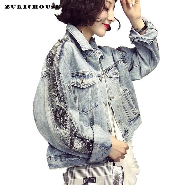 

zurichouse handmade diamond women denim jacket loose long sleeve single breasted coat female 2019 autumn streetwear jean jacket, Black;brown