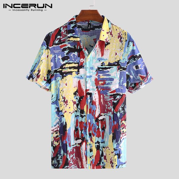 

incerun 2019 summer men's shirt short sleeve colorful printed vacation camisa lapel casual hawaiian shirts men streetwear s-3xl, White;black