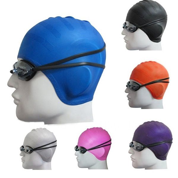 

adults waterproof swimming caps silicone men women high elastic solid colors ear protection swim hat fh99