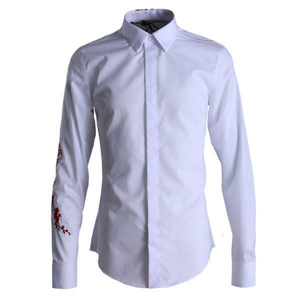 

men shirt luxury plum blossom embroidery long sleeve mens shirts black white slim fit mens dress shirts plus size 4xl, White;black