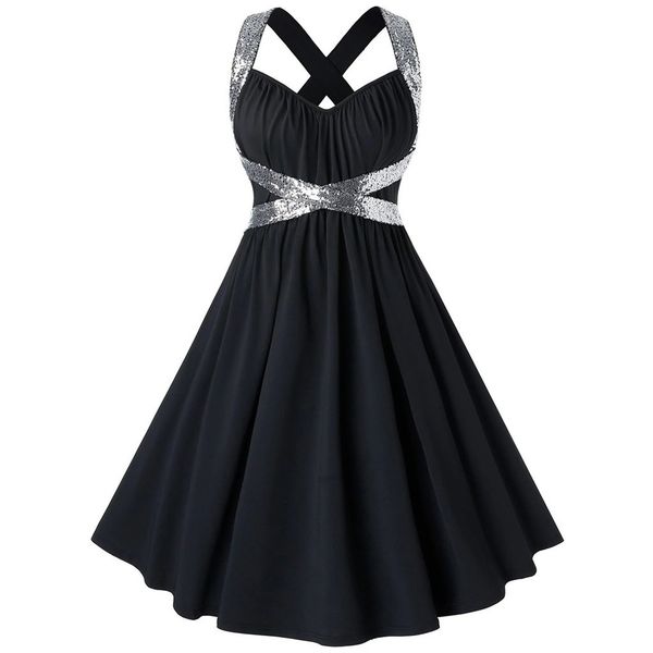 

jaycosin 2019 new women party dress plus size 5xl summer sleeveless sequined ball gown solid color v neck midi dresses 1122, Black;pink