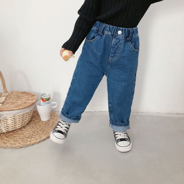 

Winter kids polar fleece inside Rolled jeans boys girls thick warm denim pants children all-match 2 colors trousers