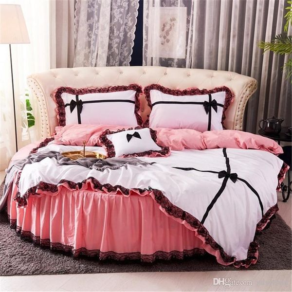 

lace stripe round bed cover 4pcs suit new girl and boy room pure color princess cotton round bedspread