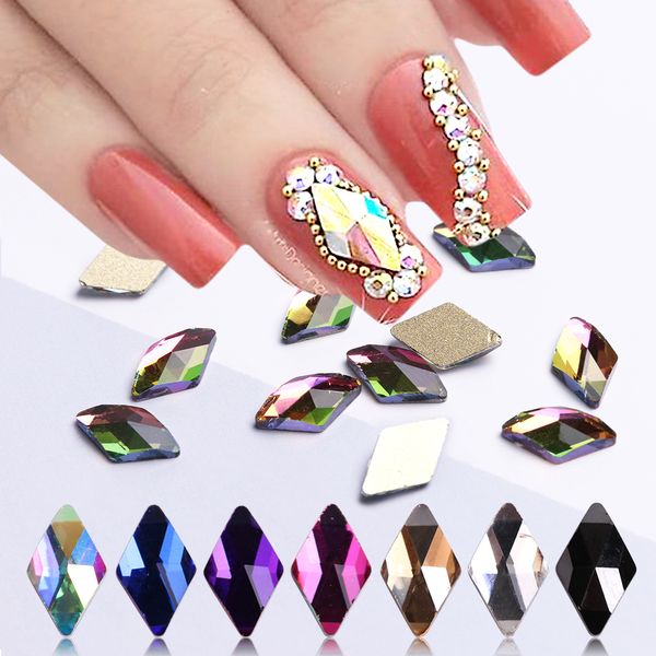 

10pcs rhombus nail crystals ab rhinestones gems diamond gold bottom flat back strass stone 3d charms nails accessories be717, Silver;gold
