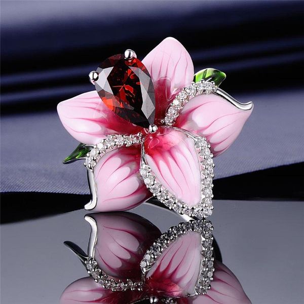 

kofsac 2019 women 925 sterling silver jewelry sets romantic enamel pink flower red zircon necklace pendant earrings rings gifts