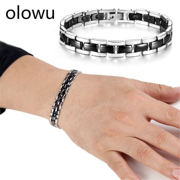 

olowu noble black ceramic magnetic bracelets for men women luxury health energy therapy wristband bracelet jewelry, Golden;silver