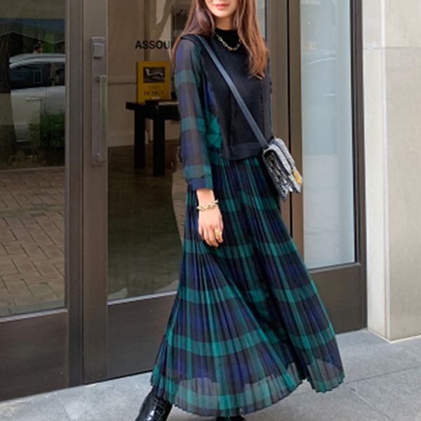 

korean style plaid women long dresses spring autumn 2019 pleated high waist daily date dress robe femme vestiods maxi dress, Black;gray