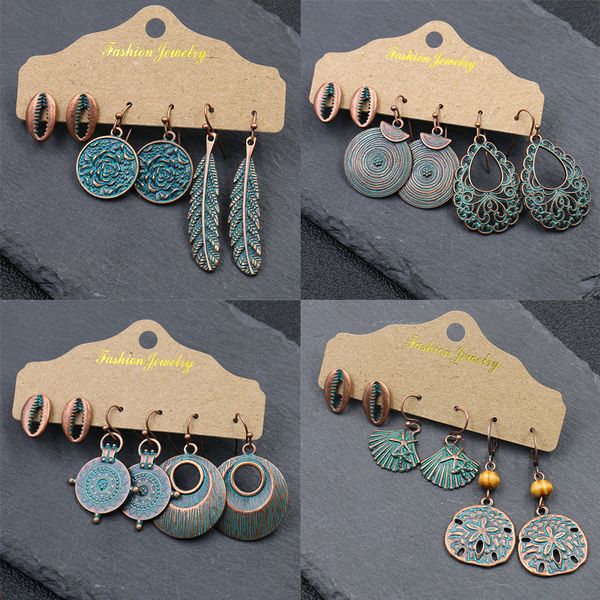 

3 pair/set vintage bohemia shell earrings set antique bronze round leaves flower drop earrings for women charm ethnic jewelry, Silver