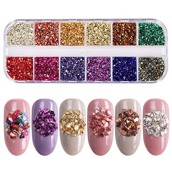 

1 case mixed 12 grid color 3d irregular stones glittering flakes colorful flakes nail crystals diamonds charms jewelry, Silver;gold