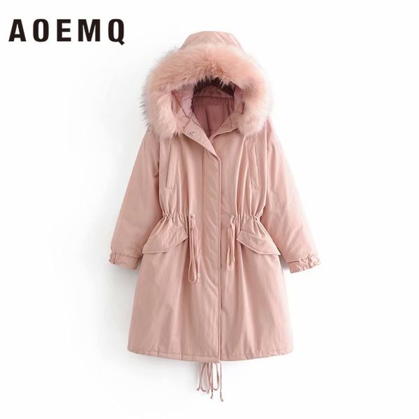 

aoemq fashion thick warm solid color long section waist drawstring big hair collar to overcome coat workwear coat, Black