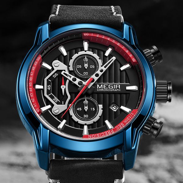 

mens sports watch date chronograph multi-functional quartz wristwatchleather strap clock waterproof relogio masculino, Slivery;brown