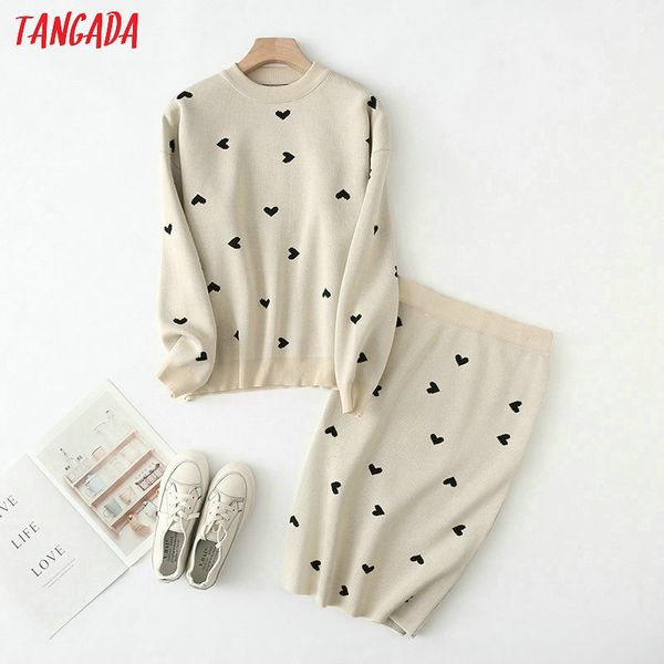 

корея шикарный узор сердца вязаный костюм женщины юбка комплект осень зима вязаный костюм 2 шт комплект сладкий топ и юбка yu14, White