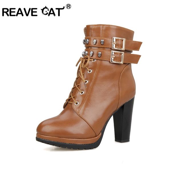 

reave cat женские сапоги с заклепками ботильоны для женщин на шнуровке с молнией квадратный каблук зимняя обувь повседневная супер высокий к, Black