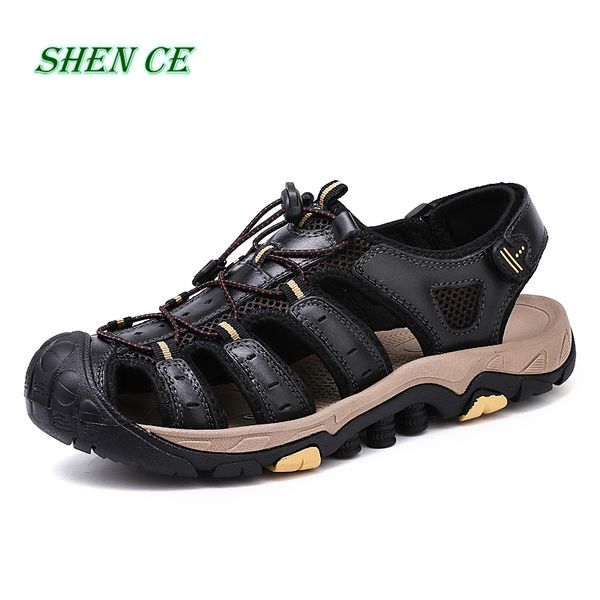 

shen ce fashion men beach sandals men roman style sandals summer leather shoes for beach outdoor walking shoes male, Black