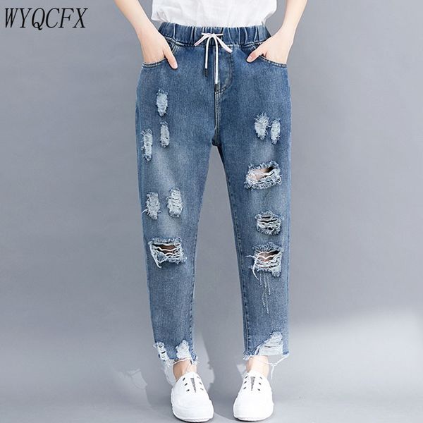

large size summer ripped jeans woman casual elastic waist denim pants 2019 korean retro loose holes cowboy ankle-length trousers, Blue