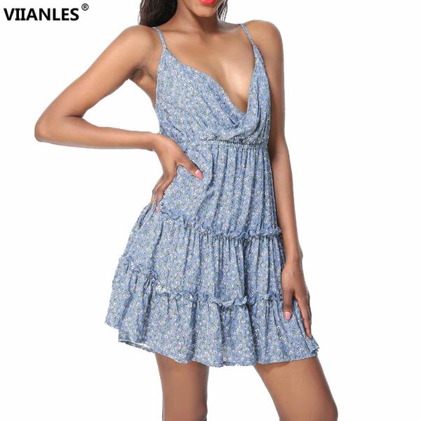 

viianles summer sleeveless floral dress casual sundress beach women strap v neck plus size backless mini dresses female, Black;gray