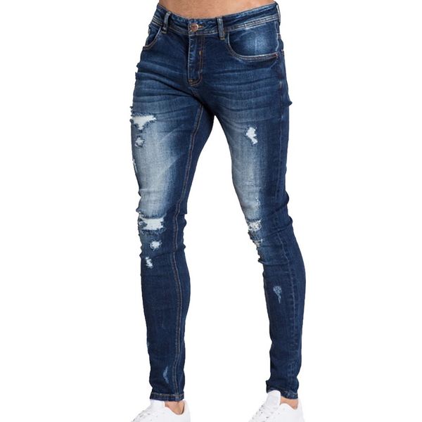 

2 styles men stretchy ripped skinny biker fashion print jeans destroyed hole taped slim fit denim scratched jean, Blue