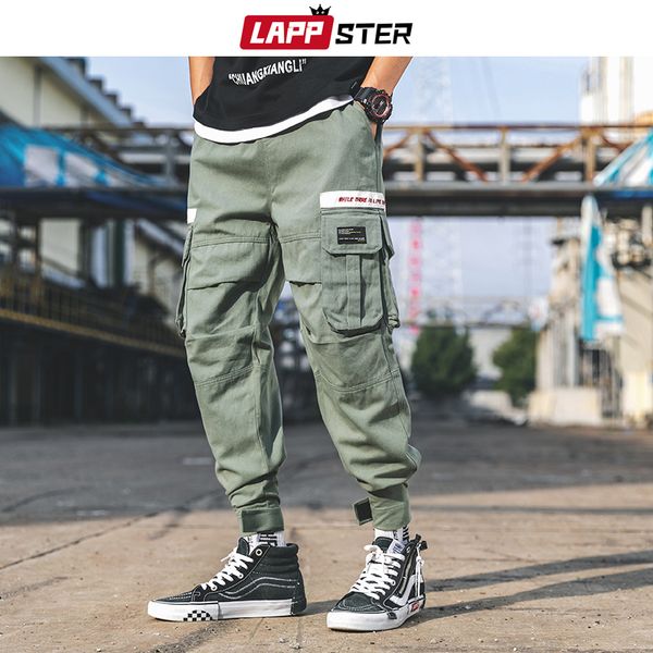

lappster loose pockets cargo pants 2019 hip hop baggy harem pants army green track cotton sweatpants joggers, Black