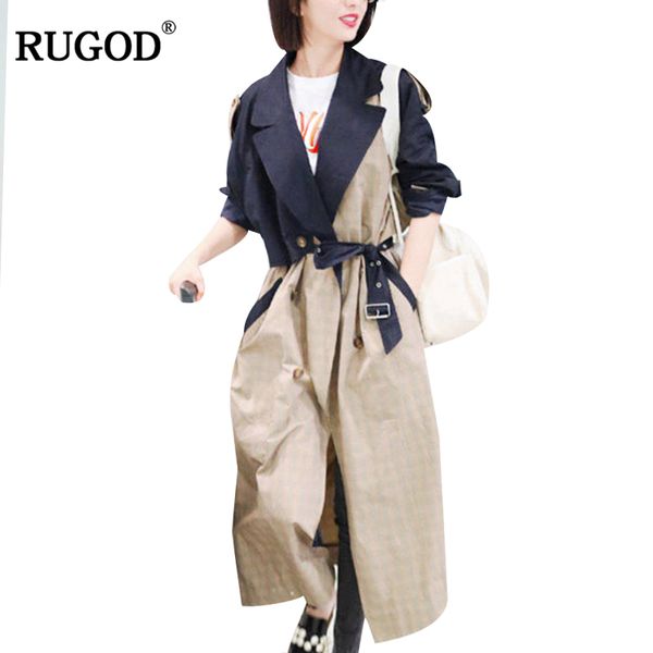 

women's trench coats rugod 2021 coat long style double breasted turn-down collar spliced wide-waisted fashion lady casaco feminino, Tan;black